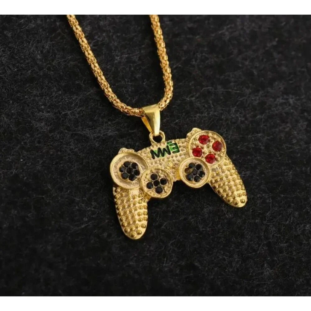 Men Retro Gold Crystal Necklace Video Game Controller FREE SHIP -2 Items
